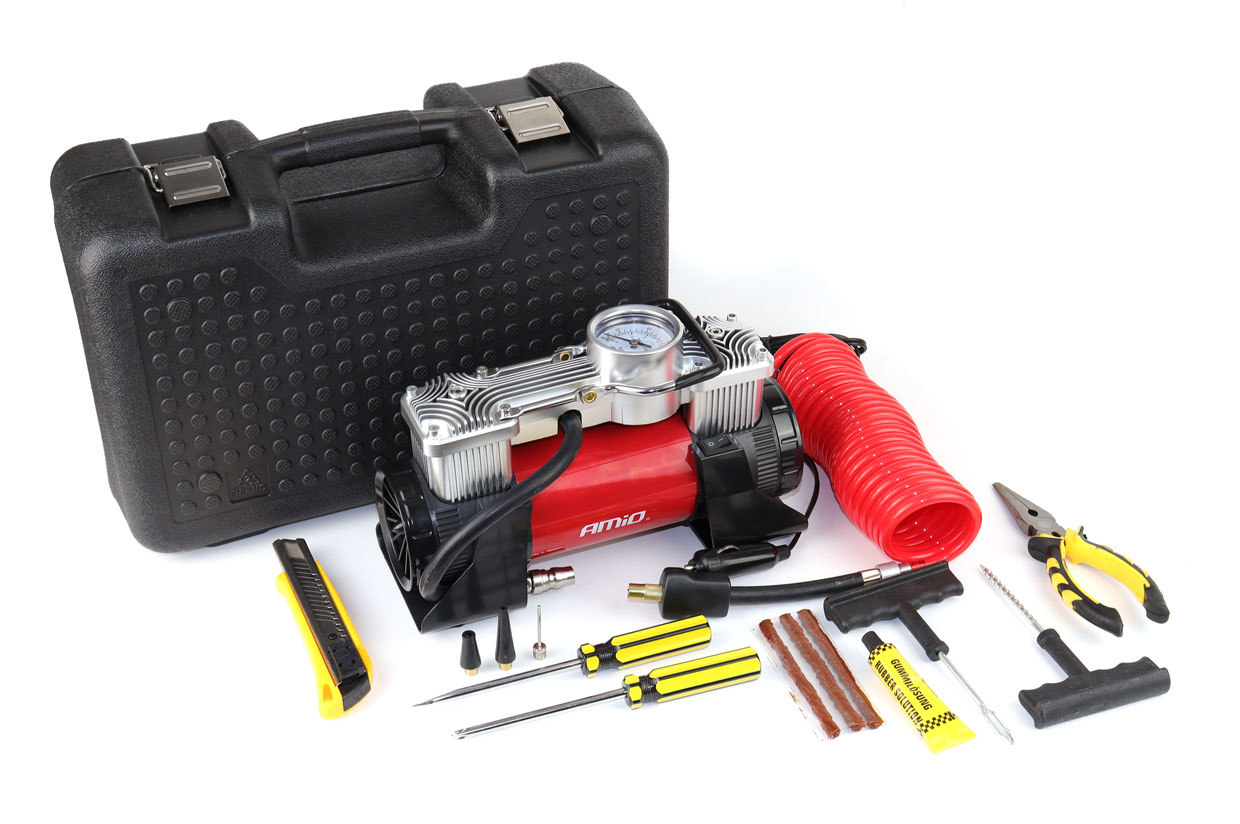 AMIO Compresor de aer auto 2 cilindri 12V HQ cu kit de reparatii ACOMP-18 02640