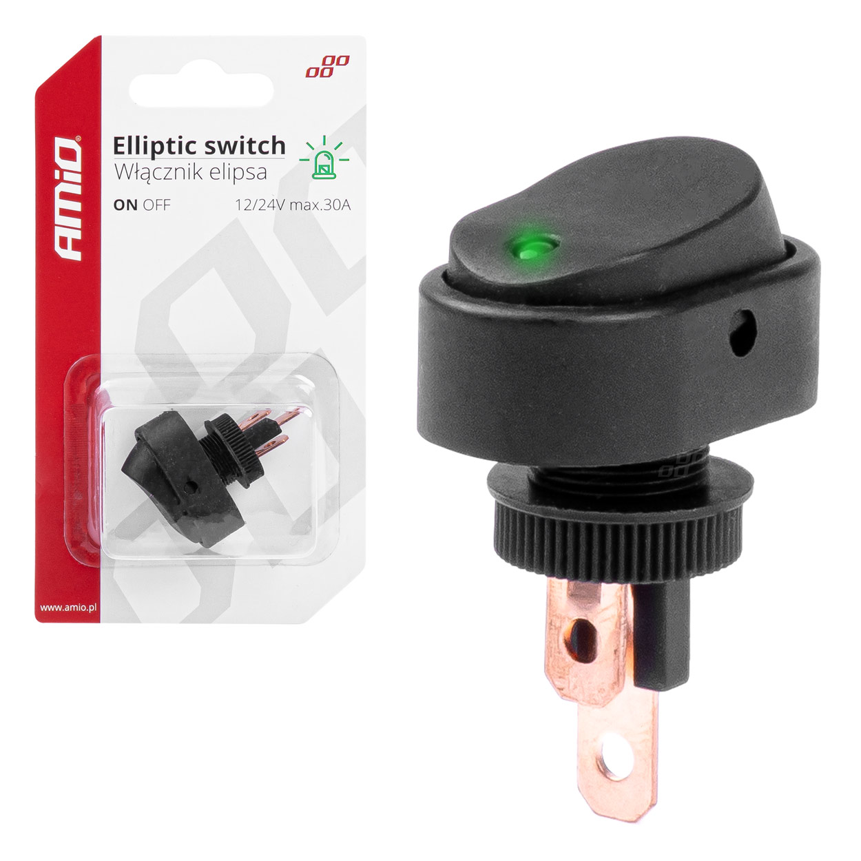 AMIO Intrerupator eliptic cu lumina verde 12/24V max 30A ON/OFF BU10 03087